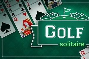 녹색 배경 위에 여러 장의 카드가 펼쳐져 있고, 중앙에 GOLF solitaire라는 텍스트가 있습니다