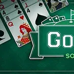 녹색 배경 위에 여러 장의 카드가 펼쳐져 있고, 중앙에 GOLF solitaire라는 텍스트가 있습니다