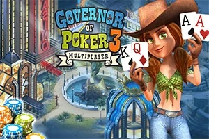 Governor of Poker 3 ์นด์ฐ๋ณด์ด ๋ชจ์๋ฅผ ์ด ์ฌ์ฑ์ด ํฌ์ปค ์นด๋๋ฅผ ๋ค๊ณ ์์ผ๋ฉฐ, ๋ฐฐ๊ฒฝ์๋ ํ๋ คํ ๊ฑด๋ฌผ๊ณผ ์นฉ์ด ์์ฌ ์๋ค