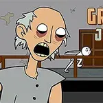 회색 머리를 한 만화 스타일의 늙은 여성 캐릭터가 입을 벌린 채 놀란 표정으로 서 있고, 뒤에는 막대기 인형이 있으며, 위쪽에 GRANNY JIGSAW라는 글자가 쓰여 있다