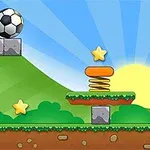 산과 해가 있는 배경에 축구공, 폭탄, 별, 스프링, 골대가 있는 플랫폼 게임 그래픽