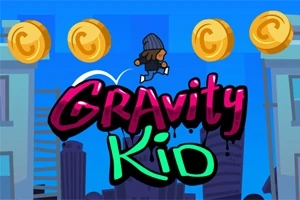 파란 배경에 동전과 도심을 뛰어넘는 남자아이와 Gravity Kid라는 텍스트가 있습니다