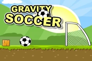 축구 공과 골대, 땅 위에 상자, GRAVITY SOCCER라는 문구가 있는 만화 스타일의 이미지