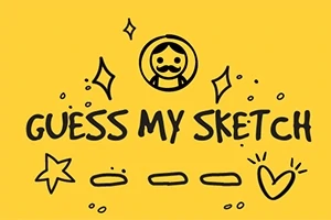 노란색 배경에 별, 하트, 캐릭터 아이콘과 GUESS MY SKETCH라는 텍스트가 있는 이미지