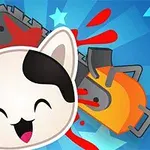 웃고 있는 고양이 캐릭터와 전기톱이 배경에 있는 그림