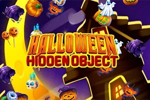 보라색 배경에 노란 달, 호박, 유령, 마녀 모자 이미지와 HALLOWEEN HIDDEN OBJECT라는 글자가 있는 그림