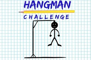 격자 무늬 종이에 교수형에 처한 막대기 사람 그림과 위에 연필로 그린 단어 CHALLENGE가 쓰여 있음