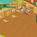 목재 인테리어의 작은 카페 내부, 두 개의 긴 테이블과 요리사가 있는 카운터, 상단에 OPEN 표지판이 보이는 장면