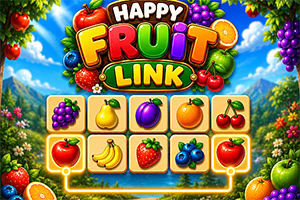 과일과 베리로 장식된 ‘HAPPY FRUIT LINK’ 제목과 과일 아이콘 퍼즐판이 있는 화려한 화면
