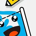 귀여운 얼굴이 그려진 컵에 파란 물이 채워지고 있으며, 위쪽에는 노란 연필이 그려져 있다