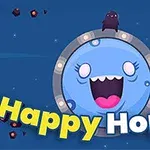 파란색 웃는 얼굴 캐릭터와 Happy Hopper 텍스트가 있는 게임 테마 이미지