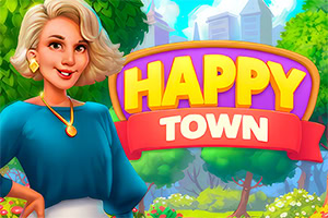 단발머리를 한 여성이 나무와 건물이 있는 배경 앞에서 미소를 짓고 있으며, HAPPY TOWN이라는 글자가 보입니다