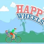 Happy Wheels ํ๋์ ๋ฐฐ๊ฒฝ์ ์์ ๊ฑฐ๋ฅผ ํ ๋จ์์ ์์ด๊ฐ ์์ผ๋ฉฐ, ์์ HAPPY WHEELS๋ผ๋ ํ
์คํธ๊ฐ ์๋ ์ด๋ฏธ์ง
