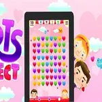 분홍색 하트 배경에 알록달록한 하트 아이콘들이 있는 모바일 게임 화면과 HEARTS CONNECT라는 글자가 장식된 이미지