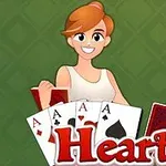 여성 캐릭터가 카드를 들고 있고 Hearts라는 글자가 있는 이미지