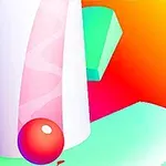 알록달록한 배경에 빨간 공이 있는 추상적인 기하학적 모양