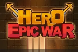 벽돌 배경에 HERO EPIC WAR라는 텍스트가 황금색과 빨간색으로 강조되어 있으며 교차한 검이 뒤에 배치되어 있습니다