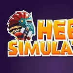 영웅의 얼굴이 그려진 헬멧 아이콘과 HERO SIMULATOR라는 텍스트가 보라색 배경 위에 강조된 이미지