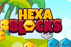 귀여운 얼굴이 그려진 육각형 블록과 나무 배경이 있는 HEXA BLOCKS 텍스트