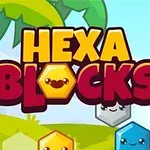 귀여운 얼굴이 그려진 육각형 블록과 나무 배경이 있는 HEXA BLOCKS 텍스트