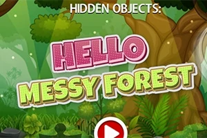 나무와 식물이 가득한 숲을 배경으로 HELLO MESSY FOREST라는 글자가 있는 이미지