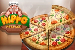 과일과 채소 토핑이 올려진 피자 조각들이 나무 판에 놓여 있고, 왼쪽에는 요리사 모자와 함께 있는 하마 캐릭터가 있다