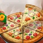 과일과 채소 토핑이 올려진 피자 조각들이 나무 판에 놓여 있고, 왼쪽에는 요리사 모자와 함께 있는 하마 캐릭터가 있다