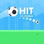 푸른 하늘 배경에 축구공이 골대를 향해 날아가는 모습과 Hit the Crossbar라는 텍스트