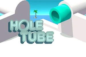 파란색 하늘과 바다, 섬 위에 외딴 나무, 그리고 초록색 관과 함께 HOLE TUBE라는 텍스트가 있는 장면