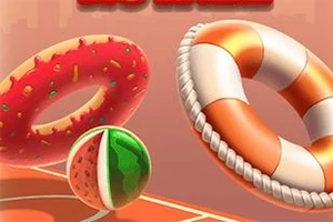 도넛과 구명 튜브 및 수박 모양의 공이 주황색 코트 위에 놓여 있는 이미지