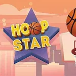 농구공이 농구 골대로 들어가는 장면과 별 모양의 배경에 HOOP STAR라는 글자가 있는 이미지