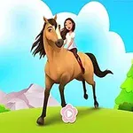 말을 타고 있는 소녀와 푸른 하늘 아래 나무와 산으로 둘러싸인 풍경