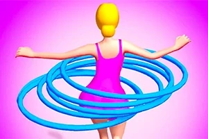 핑크색 옷을 입은 금발의 캐릭터가 여러 개의 파란 훌라후프를 허리에 두르고 있는 모습