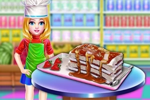 제복을 입은 소녀가 딸기와 캐러멜 시럽이 얹어진 케이크 옆에 서 있는 모습