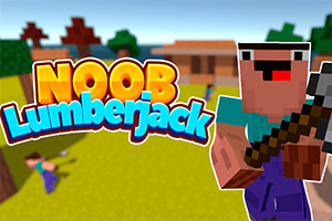 도끼를 든 블록 형태의 캐릭터와 NOOB Lumberjack라는 텍스트가 있는 밝은 풍경 배경 이미지