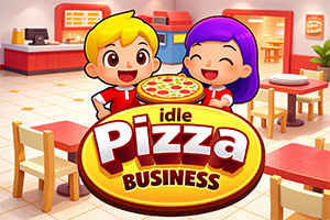 피자 가게 실내를 배경으로 금발 소년과 보라색 머리 소녀 캐릭터가 웃고 있으며 중앙에 ‘idle Pizza BUSINESS’ 로고가 크게 보이는 일러스트