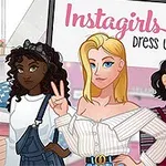 세 명의 스타일리시한 캐릭터가 서 있으며, 가운데는 금발 여성이고, 배경에는 Instagirls Dress Up이라고 적혀 있습니다