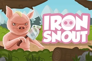 핑크색 돼지가 정육 칼을 들고 서 있는 모습과 IRON SNOUT라는 글자가 나무와 자연 배경 앞에 있습니다