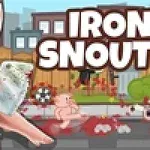 핑크색 돼지가 정육 칼을 들고 서 있는 모습과 IRON SNOUT라는 글자가 나무와 자연 배경 앞에 있습니다