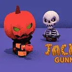 호박 머리를 가진 캐릭터와 해골 캐릭터가 함께 서 있으며, 오른쪽 하단에 Jacko Gunner라는 텍스트가 있음