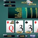 포커 테이블에 다섯 장의 카드와 Jacks or Better라는 제목이 있는 인터페이스