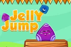 보라색 젤리 모양의 캐릭터가 나무 위에 있고 위에는 파란색 젤리가 떠 있으며 Jelly Jump라는 노란색 글자가 보임