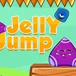 보라색 젤리 모양의 캐릭터가 나무 위에 있고 위에는 파란색 젤리가 떠 있으며 Jelly Jump라는 노란색 글자가 보임