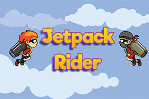 제트팩을 맨 두 캐릭터가 하늘을 날고 있으며 Jetpack Rider라는 텍스트가 중앙에 위치해 있는 이미지