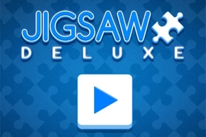 파란 배경 위에 퍼즐 조각 이미지와 큰 재생 버튼이 있는 Jigsaw Deluxe 텍스트