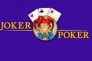보라색 배경 위에 카드 세 장과 광대 이미지가 조합되어 있는 JOKER POKER 텍스트