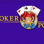 보라색 배경 위에 카드 세 장과 광대 이미지가 조합되어 있는 JOKER POKER 텍스트