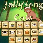 고양이 얼굴이 그려진 타일들이 배열되어 있고, 상단에 주황색 고양이 이미지와 Jollyjong Cats라는 텍스트가 있는 이미지