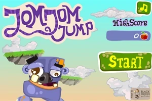 파란색 하늘과 구름 배경에 괴물 캐릭터와 JomJom Jump라는 제목, 높은 점수, 시작 버튼이 있는 유쾌한 미디어 게임 이미지