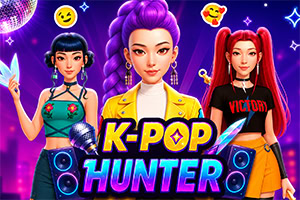 네온 보라색 배경 앞에 세 명의 화려한 K팝 스타일 여성 캐릭터와 K-POP HUNTER 글자가 보인다